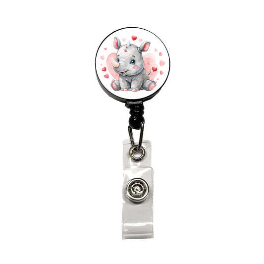 Cute Rhinoceros Hearts Watercolor Retractable ID Key Card Name Tag Badge Holder with Clip