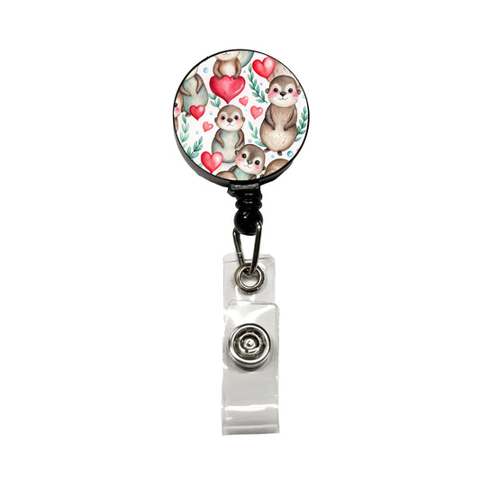 Cute River Otter Hearts Watercolor Retractable ID Key Card Name Tag Badge Holder with Clip