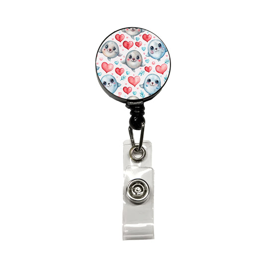 Cute Seals Hearts Watercolor Retractable ID Key Card Name Tag Badge Holder with Clip