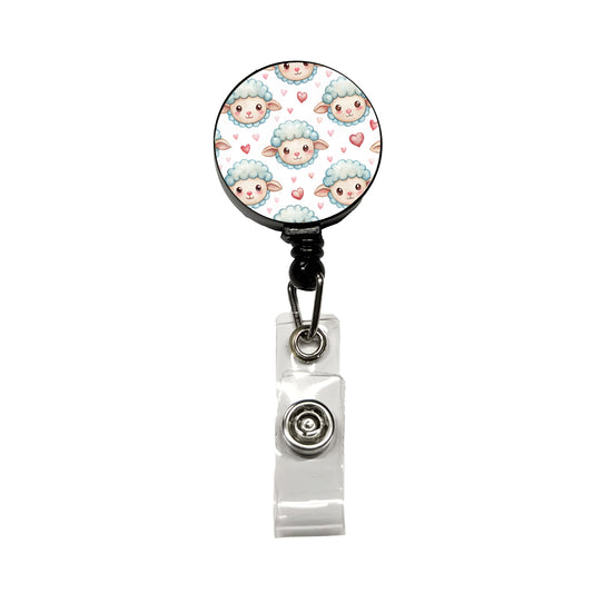 Cute Sheep Faces Hearts Watercolor Retractable ID Key Card Name Tag Badge Holder with Clip