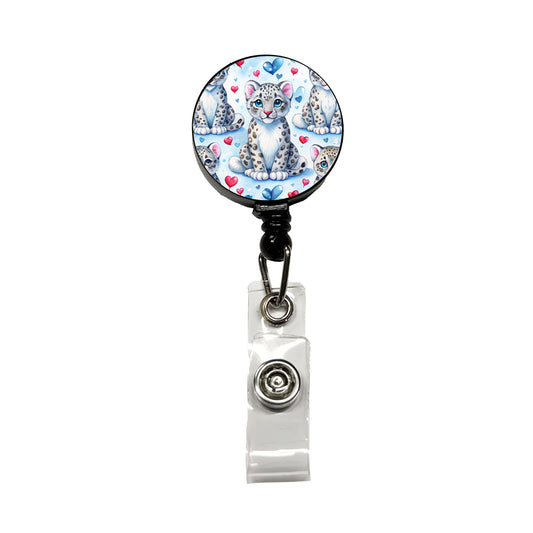 Cute Snow Leopard Hearts Watercolor Retractable ID Key Card Name Tag Badge Holder with Clip