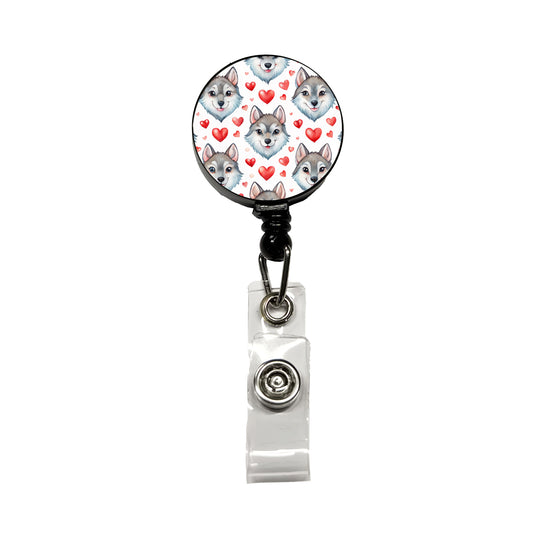 Cute Wolf Faces Hearts Watercolor Retractable ID Key Card Name Tag Badge Holder with Clip