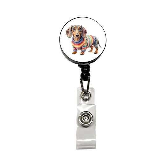 Dachshund Dog Wearing A Sweater Watercolor Retractable ID Key Card Name Tag Badge Holder with Clip