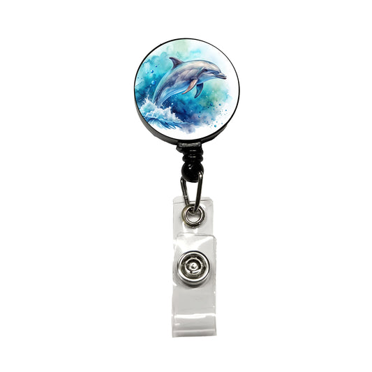 Dolphin In Ocean Watercolor Retractable ID Key Card Name Tag Badge Holder with Clip