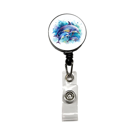 Dolphins Family Watercolor Design Retractable ID Key Card Name Tag Badge Holder with Clip