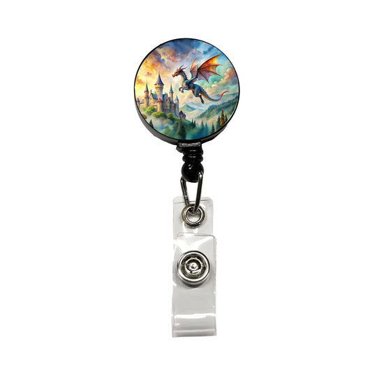 Dragon Flying Over Castle Watercolor Fantasy Retractable ID Key Card Name Tag Badge Holder with Clip