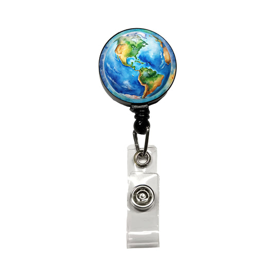 Earth North South America From Space Watercolor Retractable ID Key Card Name Tag Badge Holder with Clip