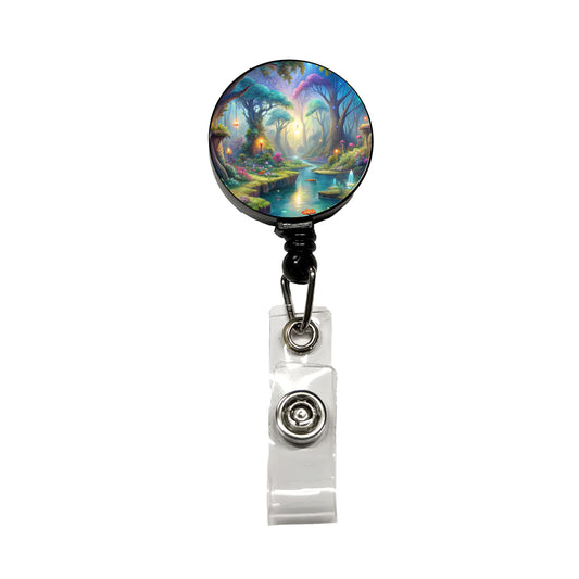 Fairy Forest Trees Fantasy Watercolor Design Retractable ID Key Card Name Tag Badge Holder with Clip