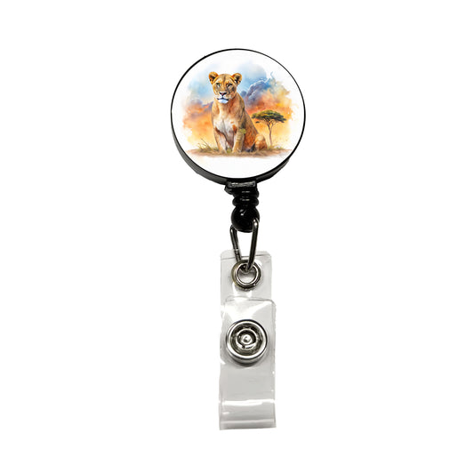 Female Lion African Plain Watercolor Design Retractable ID Key Card Name Tag Badge Holder with Clip