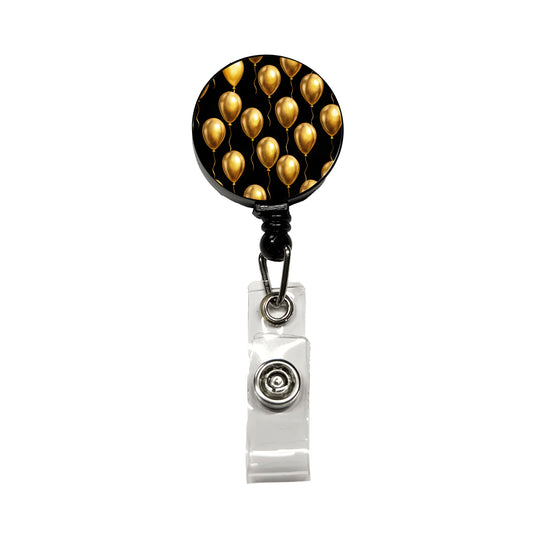 Gold Balloons Black Background Birthday Anniversary Retractable ID Key Card Name Tag Badge Holder with Clip