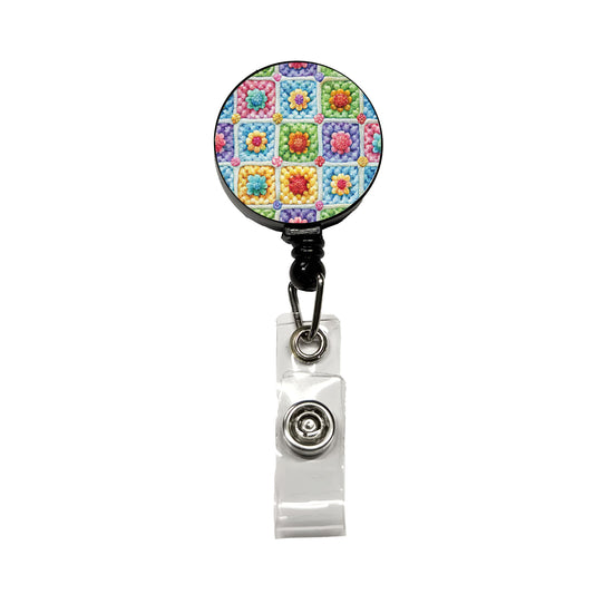 Granny Square Crochet Crocheting Pattern Watercolor Retractable ID Key Card Name Tag Badge Holder with Clip