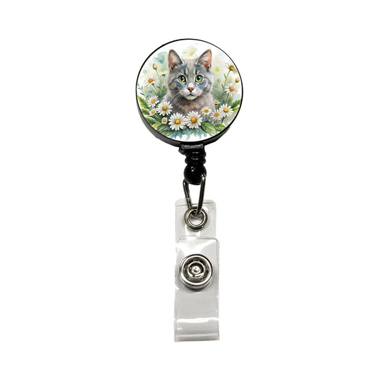 Gray Cat Watercolor Design With Daisies Retractable ID Key Card Name Tag Badge Holder with Clip