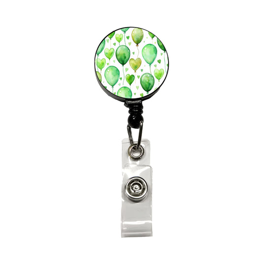 Green Balloons Hearts Watercolor Birthday Retractable ID Key Card Name Tag Badge Holder with Clip