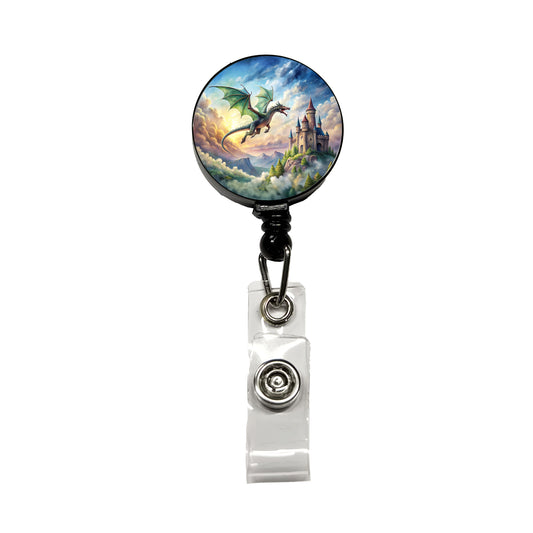 Green Dragon Flying Over Castle Watercolor Fantasy Retractable ID Key Card Name Tag Badge Holder with Clip