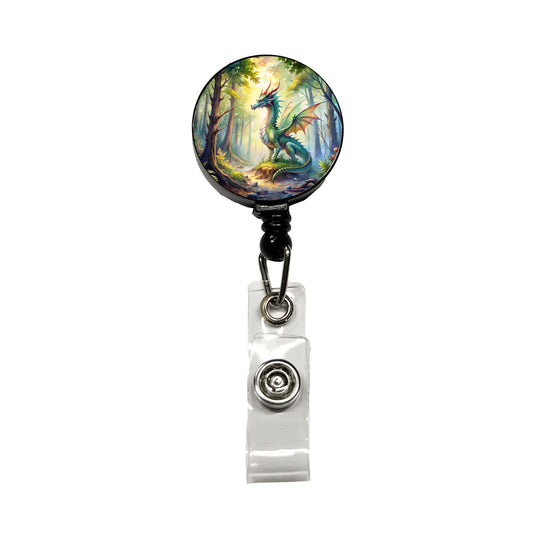Green Dragon In Forest Watercolor Fantasy Retractable ID Key Card Name Tag Badge Holder with Clip