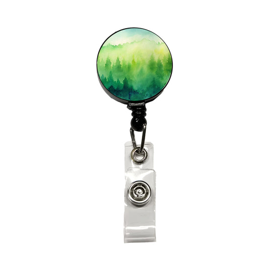 Green Forest Ombre Watercolor Retractable ID Key Card Name Tag Badge Holder with Clip