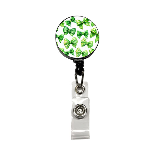 Green Scattered Coquette Bows Watercolor Retractable ID Key Card Name Tag Badge Holder with Clip