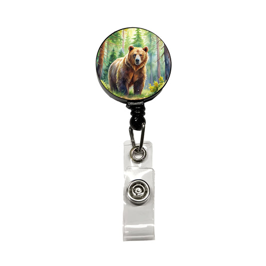 Grizzly Bear In Forest Watercolor Retractable ID Key Card Name Tag Badge Holder with Clip