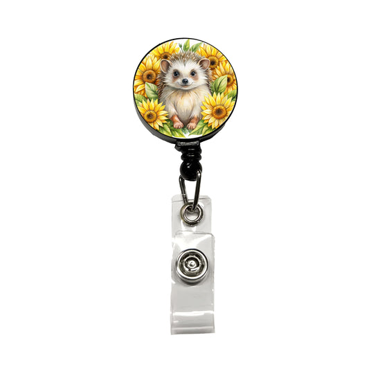 Hedgehog Watercolor Design With Sunflowers Retractable ID Key Card Name Tag Badge Holder with Clip