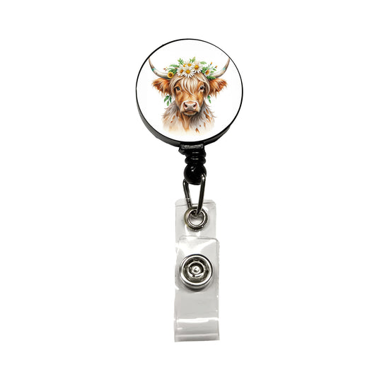 Highland Cow Watercolor Design With Daisies Retractable ID Key Card Name Tag Badge Holder with Clip
