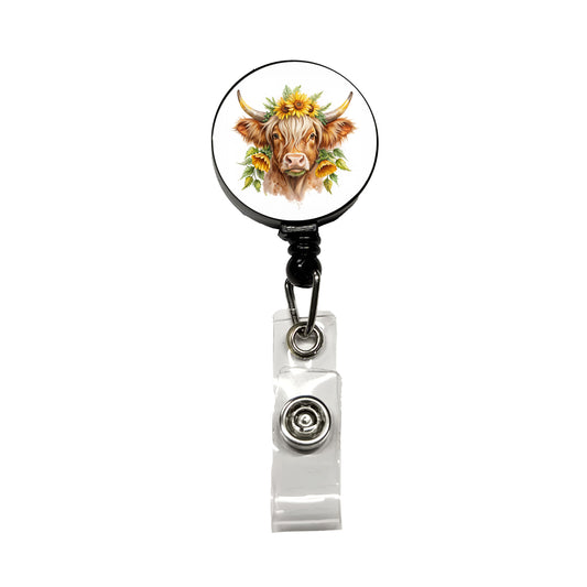 Highland Cow Watercolor Design With Sunflowers Retractable ID Key Card Name Tag Badge Holder with Clip