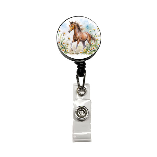 Horse Watercolor Design With Daisies Retractable ID Key Card Name Tag Badge Holder with Clip