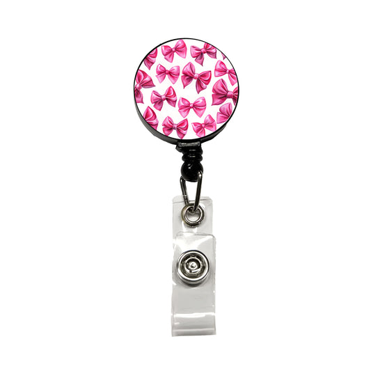 Hot Pink Scattered Coquette Bows Watercolor Retractable ID Key Card Name Tag Badge Holder with Clip