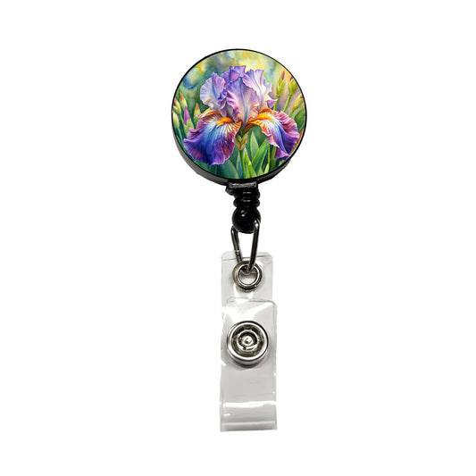 Iris Purple Flowers Watercolor Retractable ID Key Card Name Tag Badge Holder with Clip
