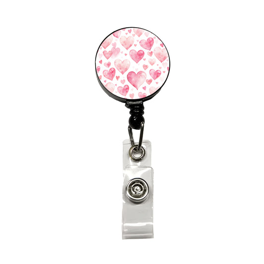 Light Pink Scattered Hearts Watercolor Retractable ID Key Card Name Tag Badge Holder with Clip