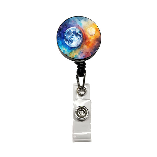 Moon Space Watercolor Design Astronomy Retractable ID Key Card Name Tag Badge Holder with Clip