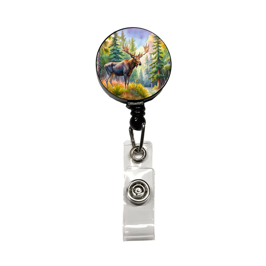 Moose In Forest Watercolor Retractable ID Key Card Name Tag Badge Holder with Clip