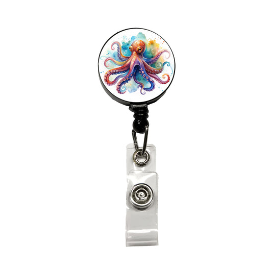 Octopus Watercolor Colorful Retractable ID Key Card Name Tag Badge Holder with Clip