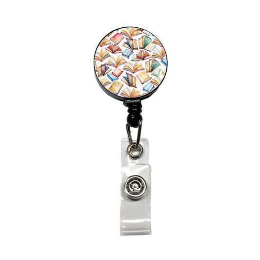 Open Books Watercolor Reader Reading Retractable ID Key Card Name Tag Badge Holder with Clip
