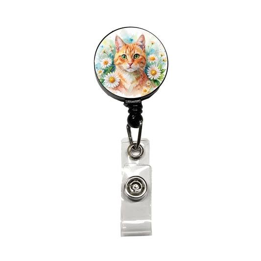 Orange Cat Watercolor Design With Daisies Retractable ID Key Card Name Tag Badge Holder with Clip