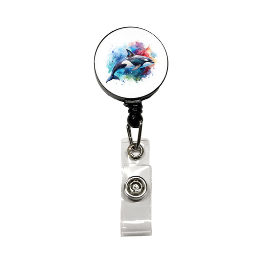 Orca Whale Colorful Watercolor Design Retractable ID Key Card Name Tag Badge Holder with Clip