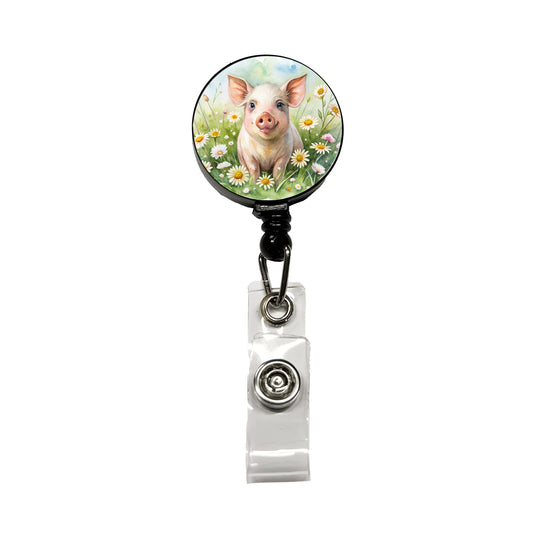 Pig In Daisies Watercolor Design Retractable ID Key Card Name Tag Badge Holder with Clip