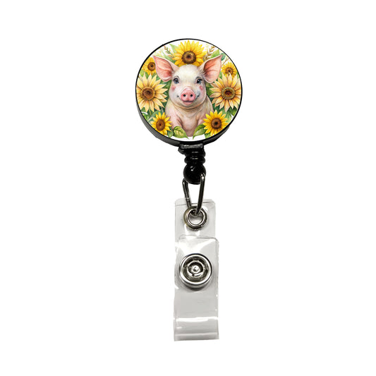 Pig In Sunflowers Watercolor Design Retractable ID Key Card Name Tag Badge Holder with Clip