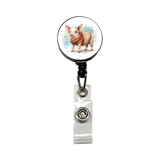 Pig Wearing A Sweater Watercolor Retractable ID Key Card Name Tag Badge Holder with Clip