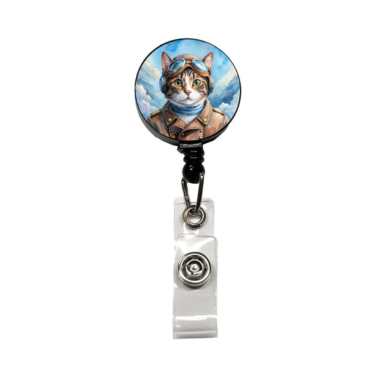 Pilot Cat Watercolor Retractable ID Key Card Name Tag Badge Holder with Clip