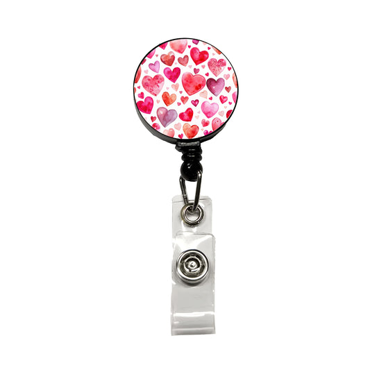 Pink And Red Scattered Hearts Watercolor Retractable ID Key Card Name Tag Badge Holder with Clip