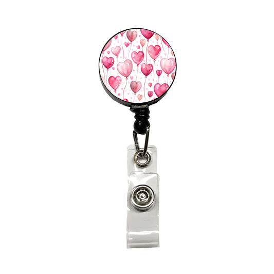 Pink Balloons Hearts Watercolor Birthday Valentine's Love Retractable ID Key Card Name Tag Badge Holder with Clip