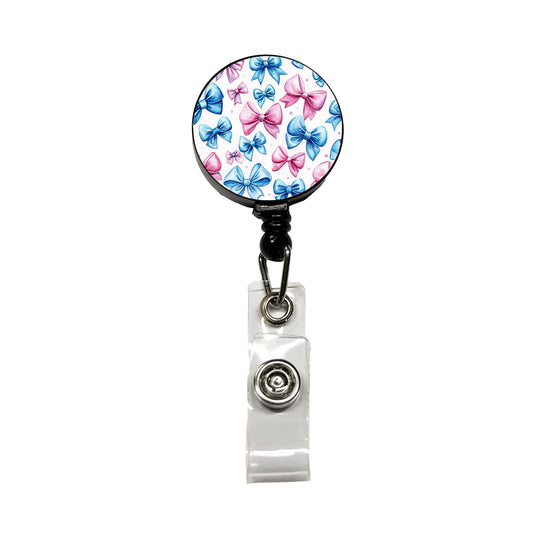 Pink Blue Scattered Coquette Bows Watercolor Retractable ID Key Card Name Tag Badge Holder with Clip