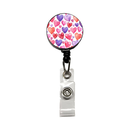 Pink Red Purple Hearts Watercolor Retractable ID Key Card Name Tag Badge Holder with Clip