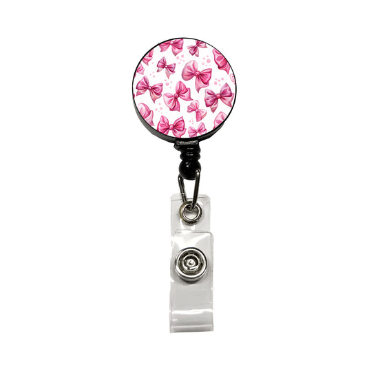Pink Scattered Coquette Bows Watercolor Retractable ID Key Card Name Tag Badge Holder with Clip