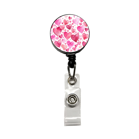 Pink Scattered Hearts Love Valentines Anniversary Watercolor Retractable ID Key Card Name Tag Badge Holder with Clip
