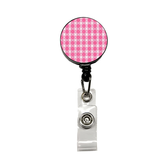 Pink White Gingham Watercolor Retractable ID Key Card Name Tag Badge Holder with Clip