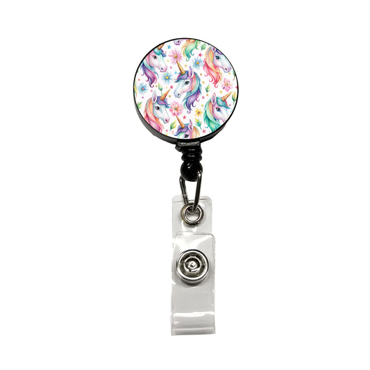 Pretty Unicorn Faces Watercolor Retractable ID Key Card Name Tag Badge Holder with Clip