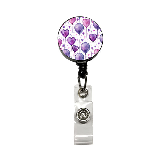 Purple Balloons Hearts Watercolor Birthday Retractable ID Key Card Name Tag Badge Holder with Clip