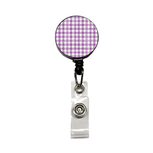 Purple White Gingham Watercolor Retractable ID Key Card Name Tag Badge Holder with Clip