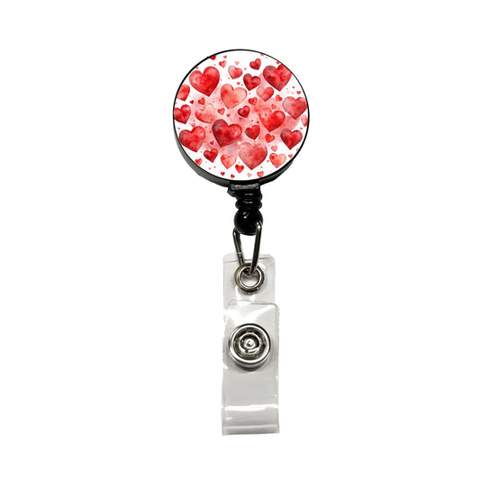 Red Scattered Hearts Love Anniversary Watercolor Retractable ID Key Card Name Tag Badge Holder with Clip